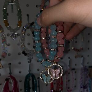 Pink and Blue Beaded Bracelet with Butterfly Charm